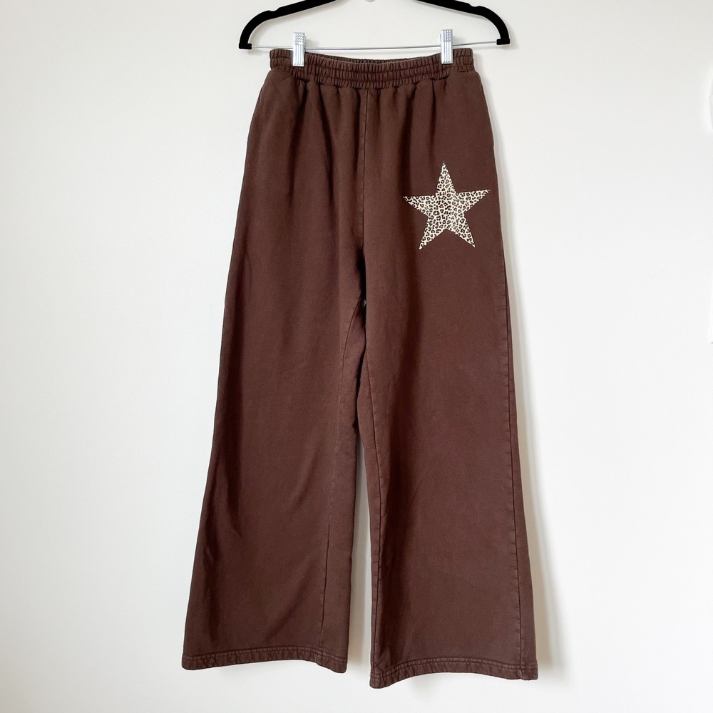 The Hang Loose Hut Wide Leg‎ Sweatpants Womens Medium Brown Animal Print Star